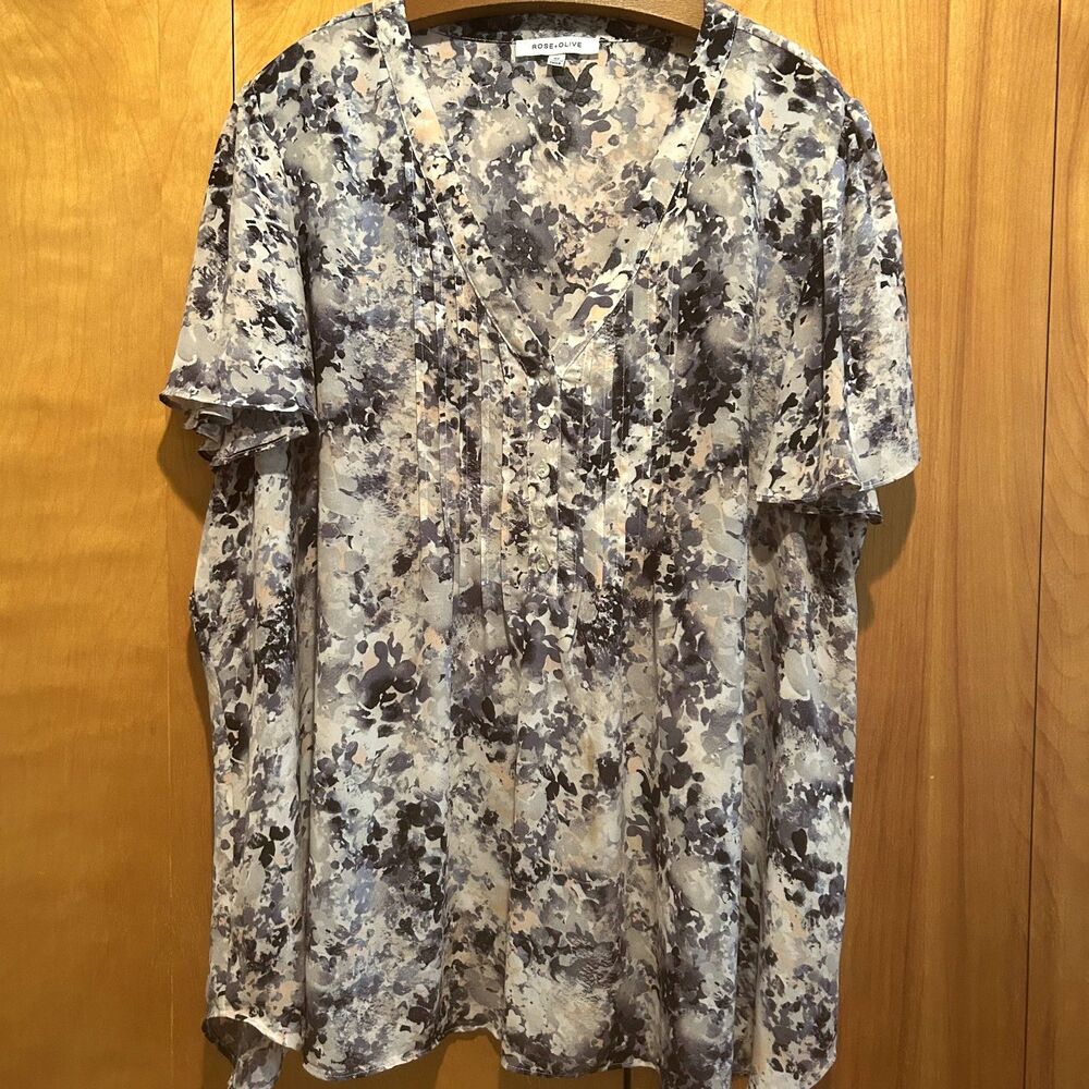 Rose‎ & Olive Womens 3X Flowy Watercolor Blouse-Blue Pink-Artsy-Bohemian-Office